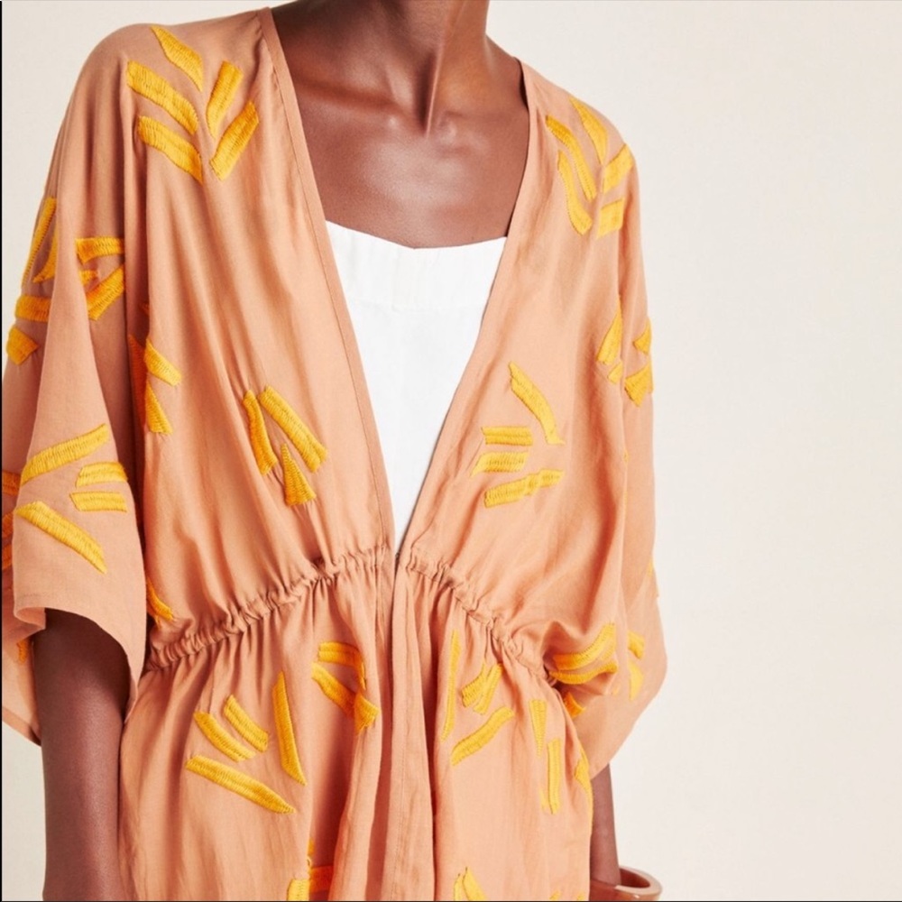 Anthropologie Peach Embroidered Open-Front Sweater with Yellow Accents